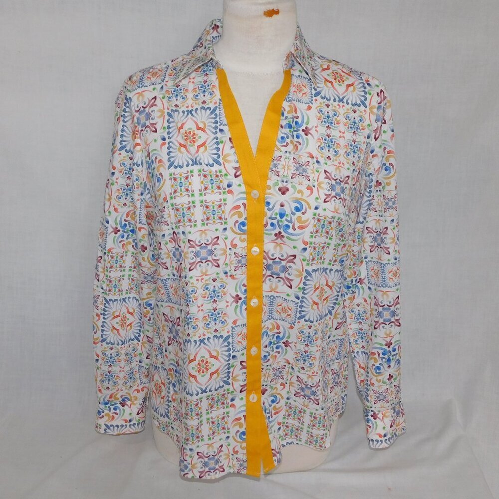 Foxcroft Alexis Watercolor Mosaic Multicolor No Iron Button Shirt Womens 6